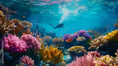 A peaceful underwater scene with a lone snorkeler exploring a vibrant coral garden teeming with life © Plaifah