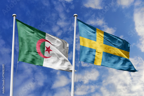 3d illustration. Algeria and Sweden Flag waving in sky. High detailed waving flag. 3D render. Waving in sky. Flags fluttered in the cloudy sky. photo