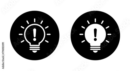 Light bulb exclamation mark icon on black circle. Warning lamp sign symbol