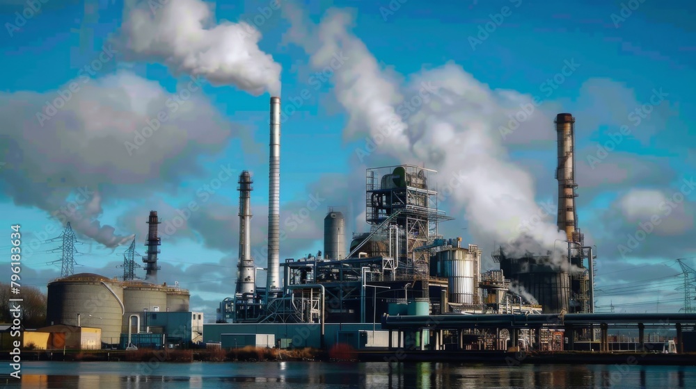 A power plant emitting steam and pollutants into the air, contributing to atmospheric degradation