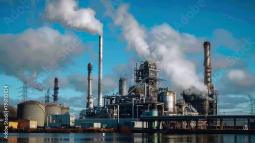 A power plant emitting steam and pollutants into the air  contributing to atmospheric degradation