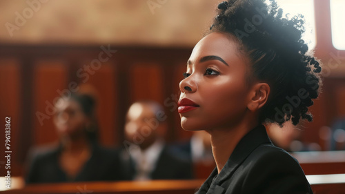 A African American woman with curly hair in court. A female lawyer zealously advocates for defendants' rights in court before a judge and jury. Concept Lawyer, Advocacy, Defender, Justice, Courtroom