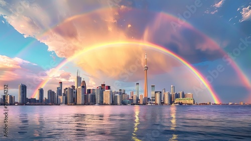 A rainbow stretching across the sky above a city skyline, bringing a moment of joy and wonder to urban life.