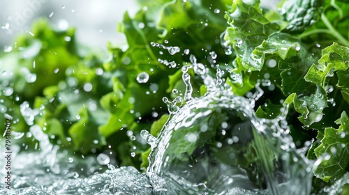 A refreshing splash of water on a pile of leafy greens, emphasizing the importance of hydration for optimal freshness