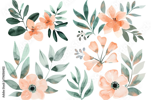 A collection of ethereal watercolor sakura blossoms, bathed in pastel pink and green, graces a white background.  photo