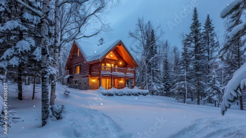 Indulge in a cozy log cabin nestled in the snowy landscape where you can fall asleep to the peaceful sounds of nature and awaken to the stunning display of the Northern 2d flat cartoon. © Justlight