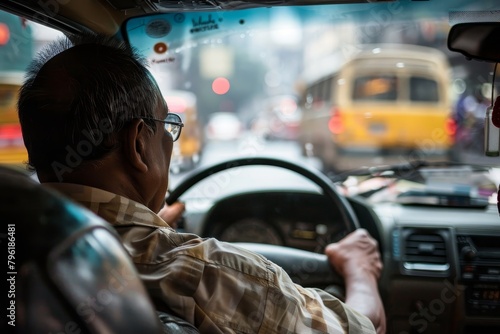 A photograph shows a taxi driver in the city, sitting behind the wheel with traffic visible through the windshield.