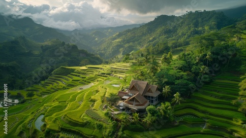 A rustic farmhouse nestled amidst rolling hills of emerald green rice terraces, where generations of farmers have labored to sustain their communities.