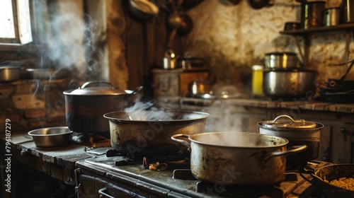 A rustic kitchen scene with pots simmering on the stove, capturing the essence of home-cooked meals