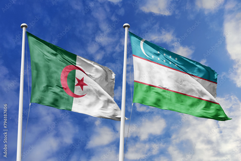 3d illustration. Algeria and Uzbekistan Flag waving in sky. High detailed waving flag. 3D render. Waving in sky. Flags fluttered in the cloudy sky. 3d illustration. Algeria and Uzbekistan Flag waving in sky. High detailed waving flag. 3D render. Waving in sky. Flags fluttered in the cloudy sky.