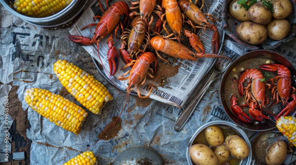 A rustic seafood boil spread on a newspaper-covered table, featuring crawfish, corn on the cob, and potatoes - A rustic seafood boil spread on a newspaper-covered table, featuring crawfish, corn on the cob, and potatoes -