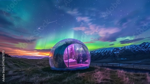 Counting shooting stars while dozing off in a clear bubble and being mesmerized by the stunning green and purple hues of the Aurora Borealis. 2d flat cartoon. photo