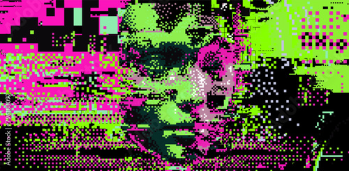Glitched and pixelated silhouette of a 3D human head on a dark background. Conceptual vector illustration about man in the age of technology.  © local_doctor