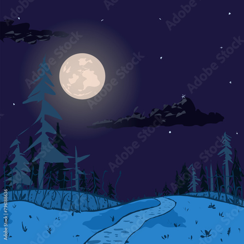 Illustration of the background of the road in the night forest under the moon. . Vector illustration of clear sky and round moon among stars. Background illustration creepy for games or banner insert