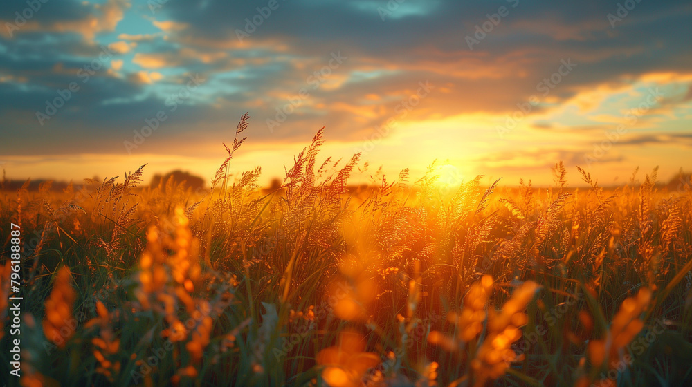 Golden field at sunrise with tall grass and a dynamic sky.	