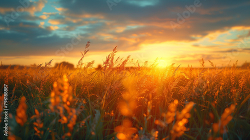 Golden field at sunrise with tall grass and a dynamic sky.	