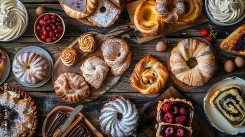 A selection of traditional pastries beautifully arranged on a rustic wooden table, evoking nostalgia