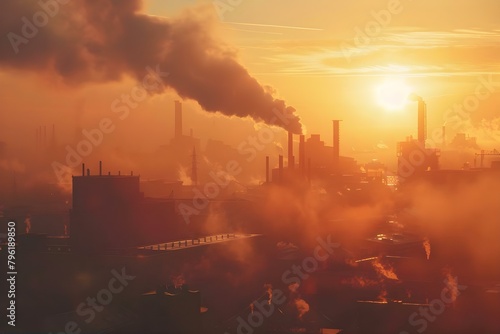 Traditional power plant emitting steam and smog in industrial landscape at sunset. Concept Industrial Landscape, Power Plant, Steam Emissions, Sunset, Environmental Pollution
