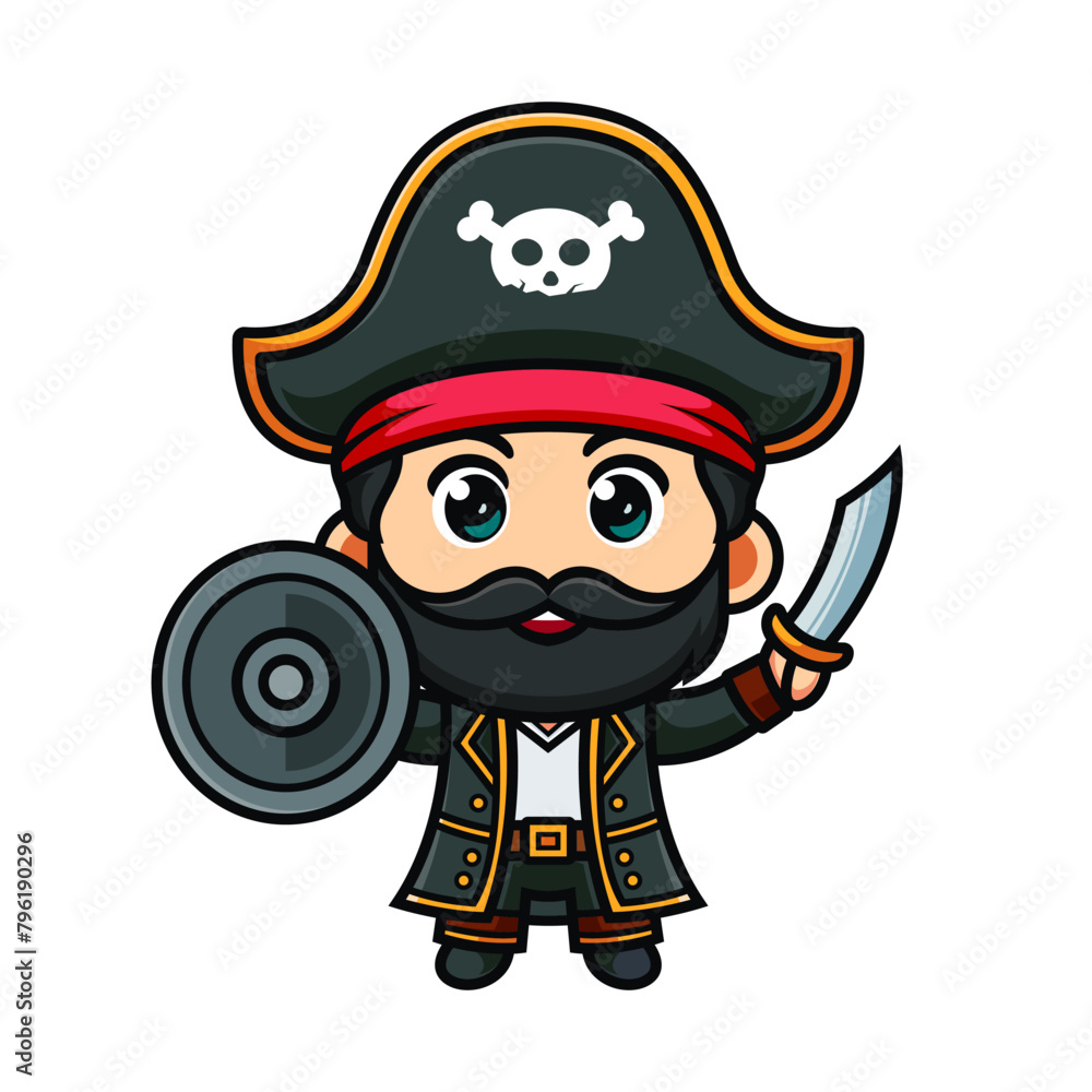 cartoon pirate with sword and shield