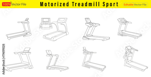Set Fitness club, gym tool. Continuous line draw design graphic vector. Set motorized tradmill sport outline drawing motorized treadmill. Sportive man on electric training machine cartoon character.  photo