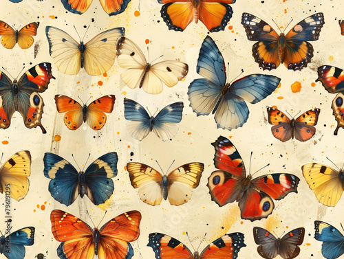 Numerous butterflies flutter against a sunny yellow backdrop. Enchanting beauty. AI art.