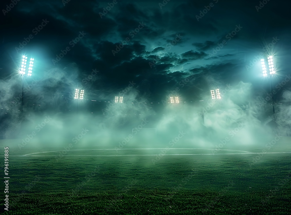 Beautiful background of a football field with lights and smoke