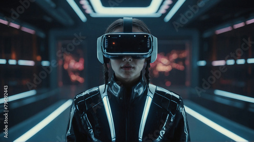 An imaginative portrayal of futuristic technology concepts, featuring AI-enhanced virtual reality environments, augmented intelligence interfaces, and immersive digital experiences. Generated AI.