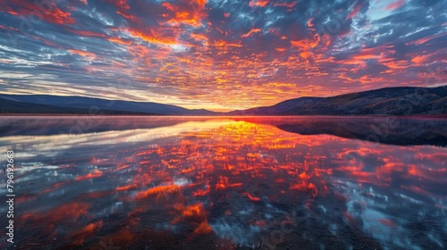 A serene lake reflects the colors of a fiery sunrise sky, creating a breathtaking scene of natural beauty and tranquility.