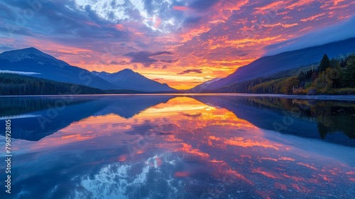 A serene lake reflects the colors of a fiery sunrise sky, creating a breathtaking scene of natural beauty and tranquility.