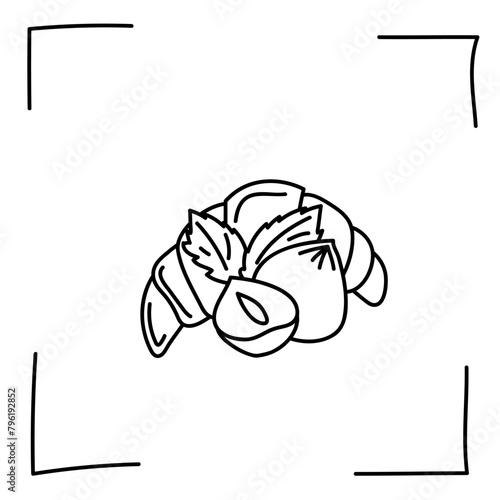 Vector. Contour icons. Line icons of desserts and sweet dishes. Croissant with nutty and chocolate filling in sketch style. Icons set,  stroke. Hand drawn signs. Desserts and sweets doodle set.
