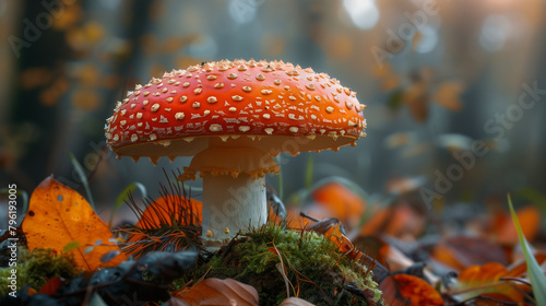 Amanita muscaria mushroom in autumnal setting with dew and fallen leaves. 