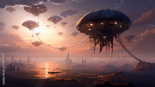Fantasy landscape with flying saucer UFOs over coastal terrain