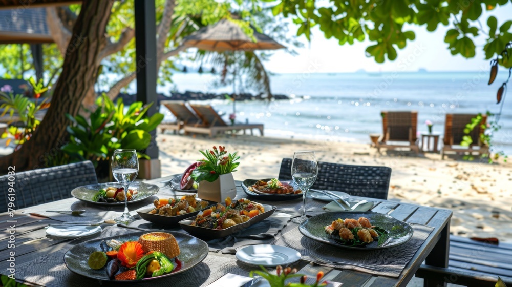 A serene Thai beachside dining experience with grilled seafood, coconut-based curries, and tropical fruit platters