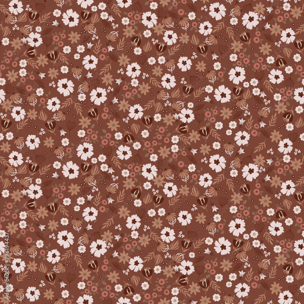Obraz premium Millefleur meadow brown background retro color flowers tender seamless pattern.