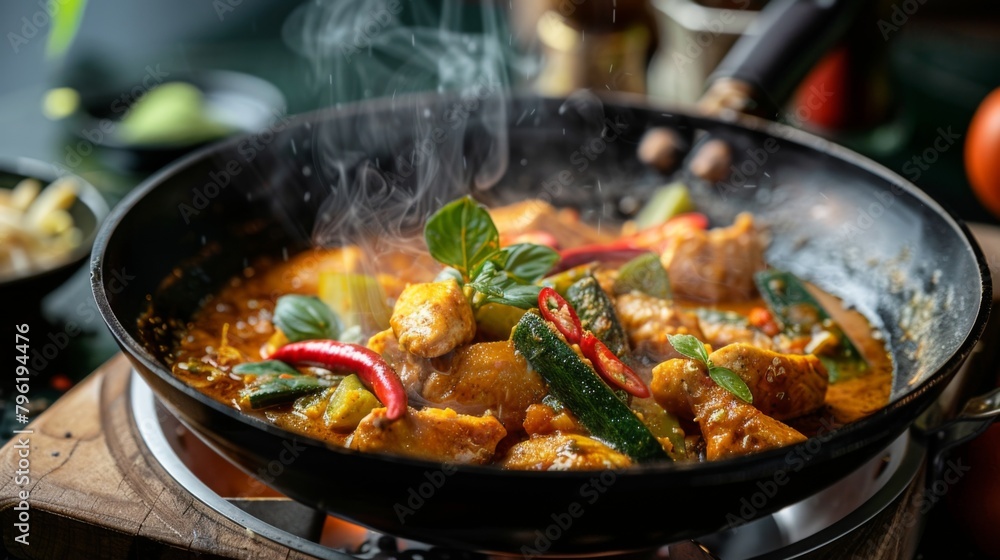 A sizzling wok filled with aromatic Thai yellow curry stir-fry, featuring tender chicken and vibrant vegetables A sizzling wok filled with aromatic Thai yellow curry stir-fry, featuring tender chicken and vibrant vegetables