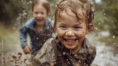 Happy muddy children running outdoors on rainy weather after playing in nature