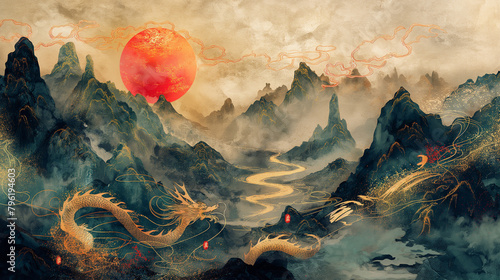 art, illustration, paint, design, watercolor, Chinese, Ink wash paint, mysterious. Mythical Story photo