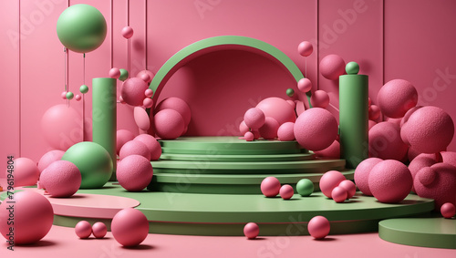 A pink and green 3D rendering of a stage set with pink and green balls and a curved wall in the background.  