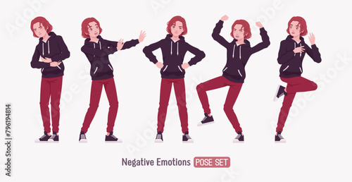Young hoodie wear guy anger sad pose set. Cute active man wearing basic casual look red jeans, male street style everyday sneakers, cool long hairstyle of ruby wine dye color. Vector illustration