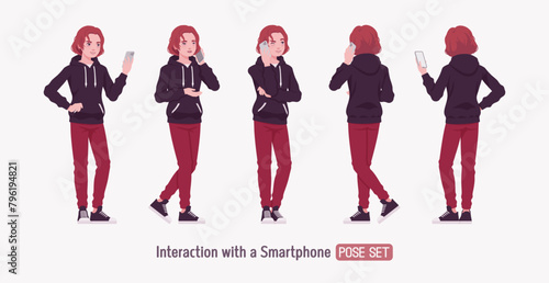 Young hoodie wear guy smartphone user pose set. Cute active man wearing basic casual look red jeans, male street style everyday sneakers, cool long hairstyle, ruby wine dye color. Vector illustration