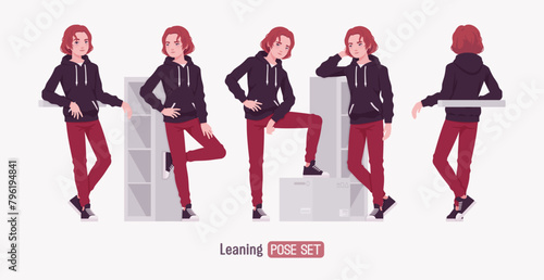 Young hoodie wear guy stand leaning pose set. Cute active man wearing basic casual look red jeans, male street style everyday sneakers, cool long hairstyle of ruby wine dye color. Vector illustration