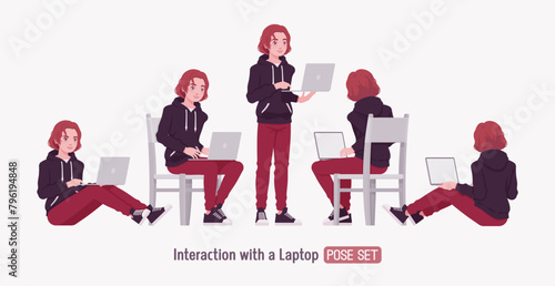 Young hoodie wear guy laptop computer user pose set. Cute active man wearing basic casual red jeans, male street style everyday sneakers, cool long hairstyle, ruby wine dye color. Vector illustration