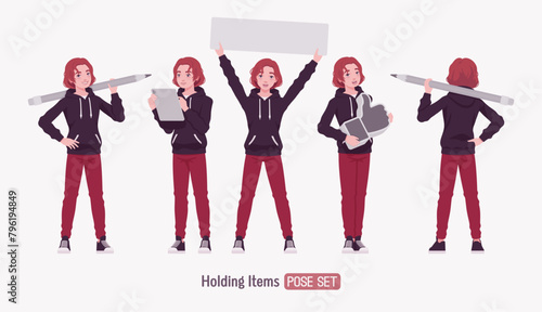 Young hoodie wear guy holding items pose set. Cute active man wearing basic casual look red jeans, male street style everyday sneakers, cool long hairstyle, ruby wine dye color. Vector illustration