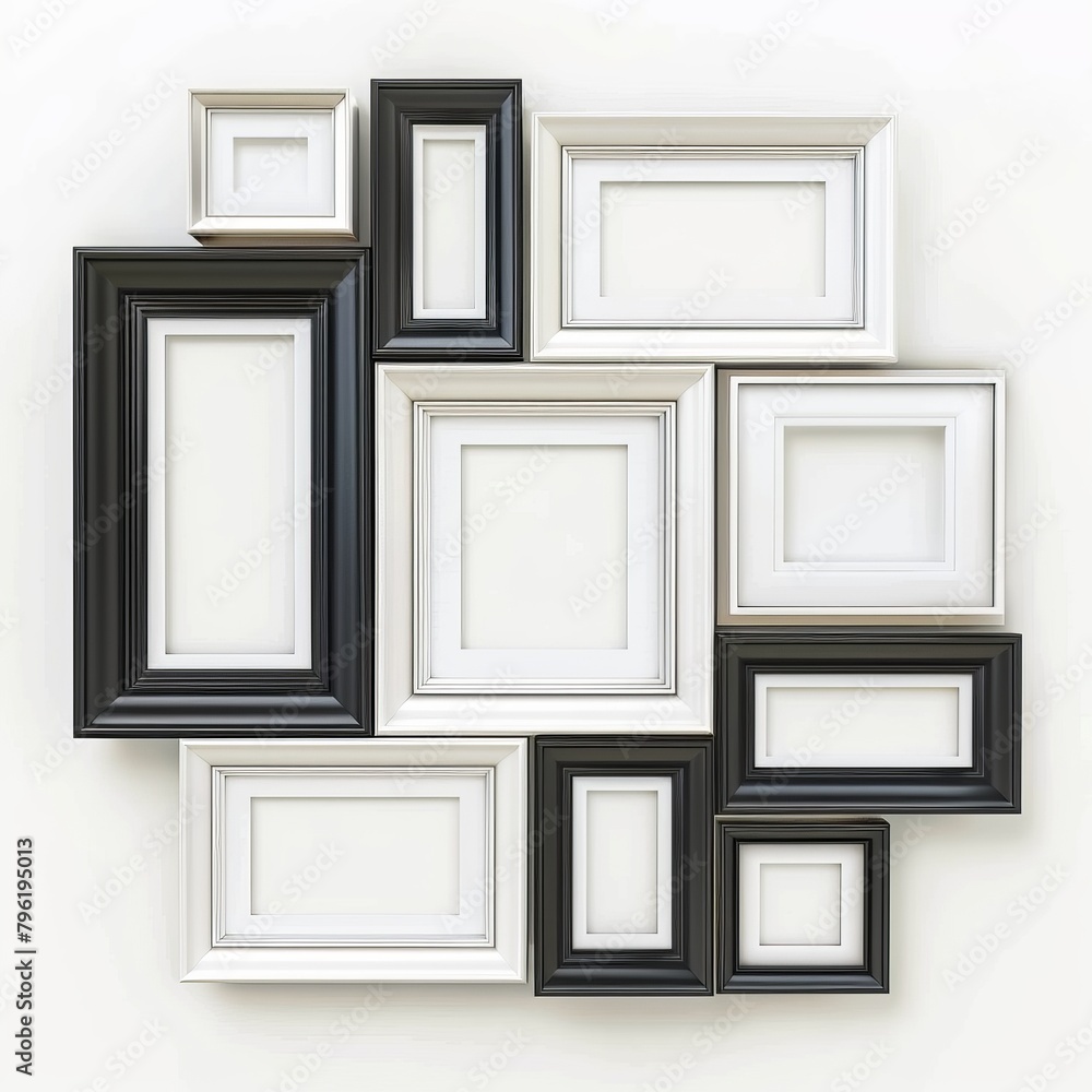 3D Render of a collage photo frame with multiple openings for displaying various pictures, on isolated white background, Generative AI 3D Render of a collage photo frame with multiple openings for displaying various pictures, on isolated white background, Generative AI