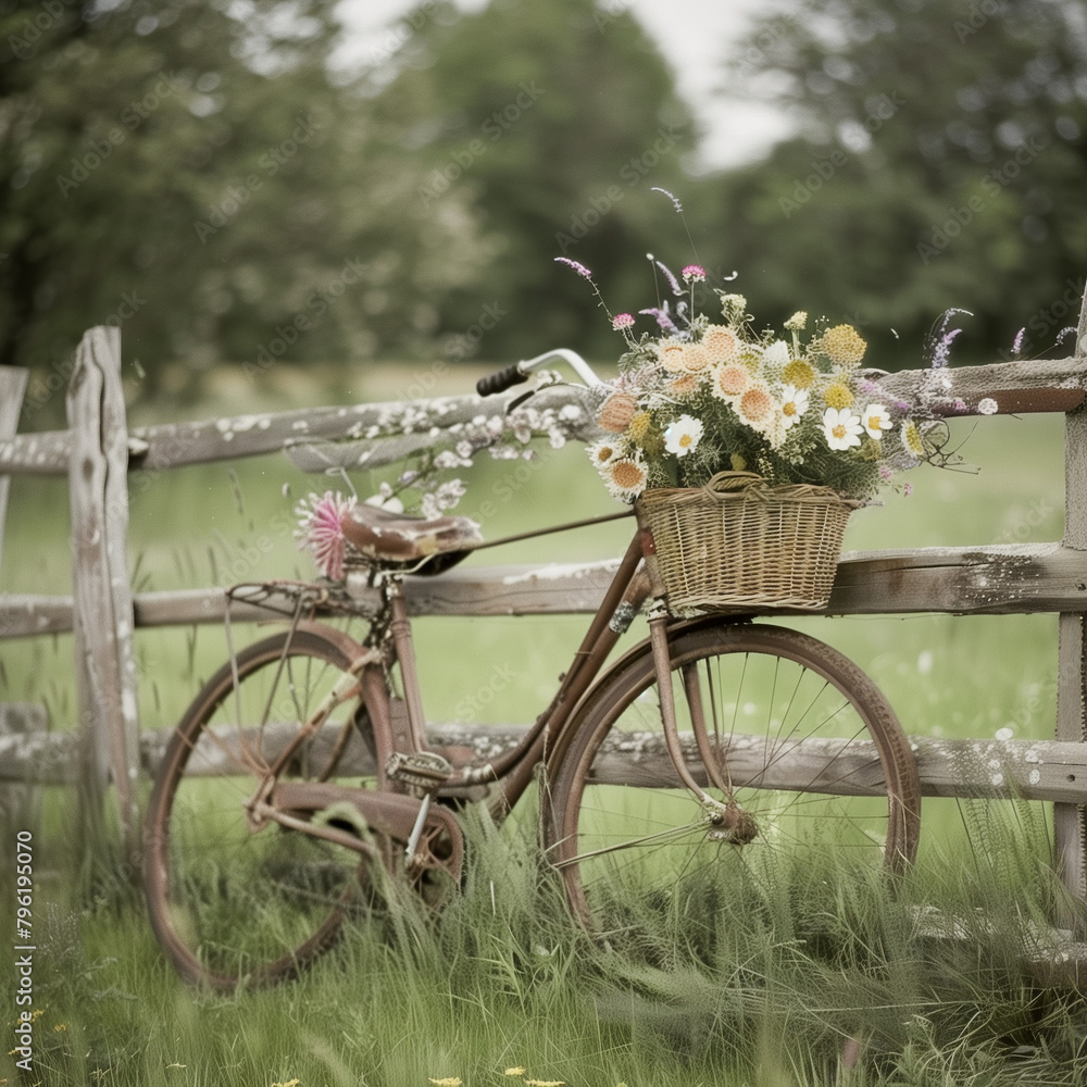 An old-fashioned bicycle with a basket filled with flowers, leaning against a rustic fence