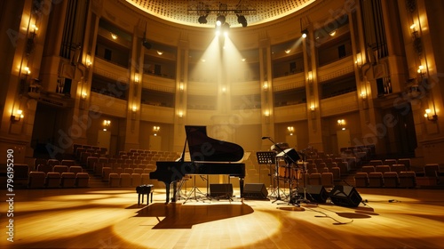 Elegant concert hall interior lit by spotlights with a grand piano and drum set on stage.