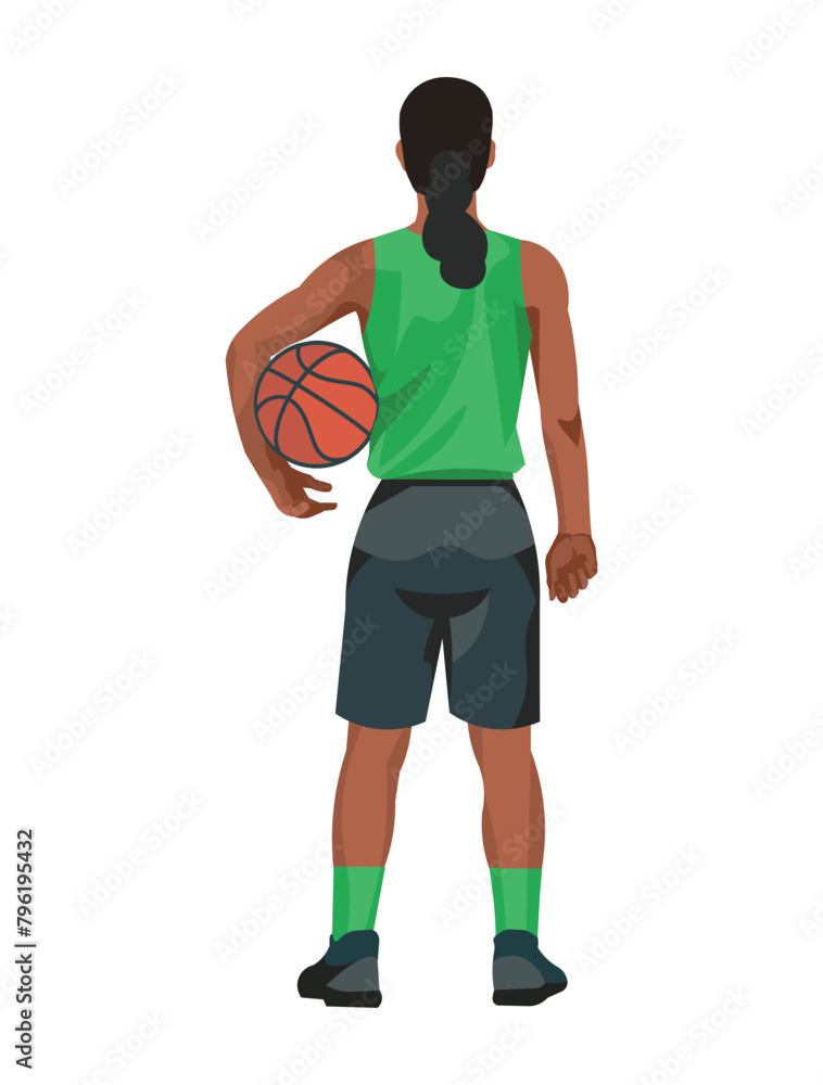 African women's basketball girl player in a green jersey who stands with his back with ball