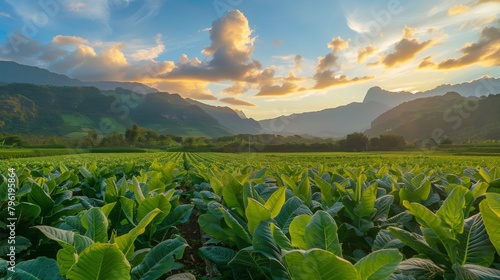 Sunset over a lush tobacco field with mountains in the background under a cloudy sky.