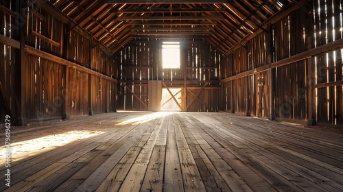 Sunlight illuminates the interior of a rustic wooden barn through gaps in the walls and roof.