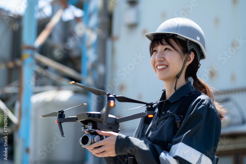 ドローンを手に持つ女性作業員 photo